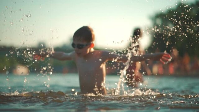 active young kid in water glasses swim in lake, river or ocean and play splash