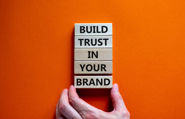 Success business process symbol. Wood blocks stacking as step stair on orange background, copy...