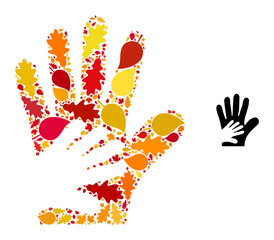 Friend Hands mosaic icon constructed for fall season. Vector friend hands mosaic is constructed with randomized fall maple and oak leaves. Mosaic autumn leaves in bright gold, brown and red colors.