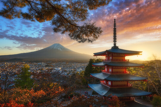 Beautiful Autumn scenery of Red pagoda Chureito the famous tourist attraction in fujinomiya town and Mount Fuji at sunset in Yamanashi prefecture, Japan