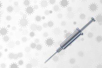 Fototapeta na wymiar A covid-19 vaccine syringe with a hint of blue, on a white and gray background with covid virus cells