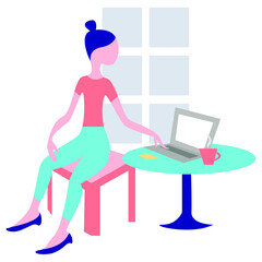 Vector graphics - a girl sitting on a chair at a table in a cafe working with a laptop on the background of a window. The concept of online work or shopping
