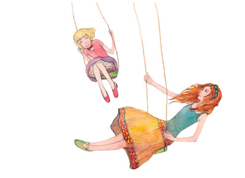 Hand painted watercolor mother and daughter riding a swing