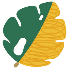 Single cartoon stylized leaf of Monstera Deliciosa, one half of which is green, the other is yellow with hatching on a white background. Vector.