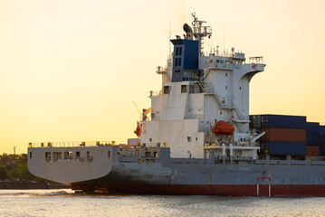Close up freight vessel offshore at sunrise in Bangkok Thailand