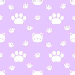 Seamless pattern with white cats and paws on purple background. Funny endless abstract animal backdrop vector illustration 