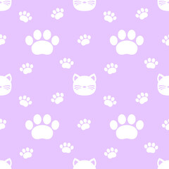 Seamless pattern with white cats and paws on purple background. Funny endless abstract animal backdrop vector illustration	
