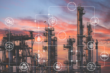 Double exposure of Industrial manufacturing and transportation field icons with Oil and gas...