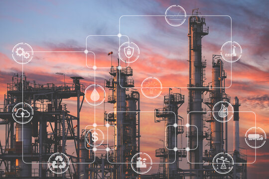 Double exposure of Industrial manufacturing and transportation field icons with Oil and gas industry plant background. Concept of variety industry technology and the economy grows