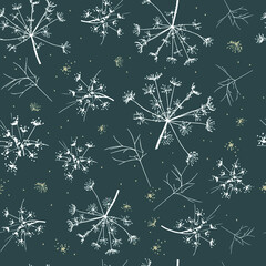 Abstract seamless pattern with white delicate dill on a dark background. Vector drawing of a sprig of dill.  Manual work. Great idea for postcard, calendar, holiday invitation, wrapping paper.