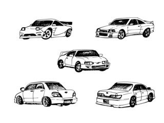 Set of hand drawn cars painted by hand with black ink fountain pen. Set of black and white vector illustrations. Sketch cars set.