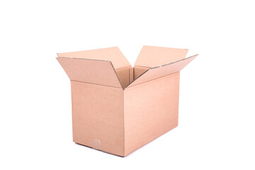 Open cardboard box on white background, mid sized, empty