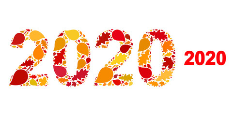 2020 Year Digits mosaic icon combined for fall season. Vector 2020 year digits mosaic is formed with random fall maple and oak leaves. Mosaic autumn leaves in bright gold, brown and red colors.
