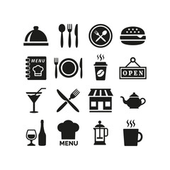 Restaurant and cafe icons set on white background.