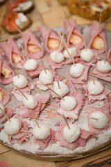 Snack on skewers. Organic Mozzarella cheese and ham. Holiday treat