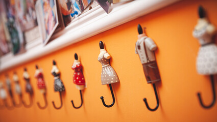 A row of antique mannequin-shaped hooks hang from the orange wall. A funny hanger in the form of human figures in different clothes. Organization of space in kindergarten