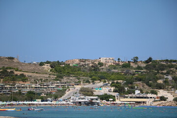 Fototapeta na wymiar View to Mellieha Beach Bay at Mediterranean Sea, Malta