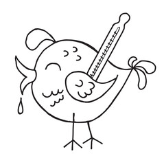 Monochrome illustration of bird with thermometer, sick with bird flu