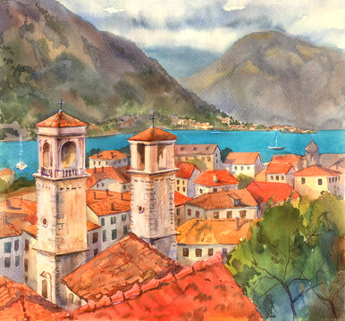Traditional watercolor illustration. Landscape of Kotor, cathedral of Saint Tryphon and old town. Red roofs of the ancient city. Travelling in Montenegro.