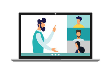 Video conference call, remote project management, quarantine, chat with friends. Vector illustration in a modern style.