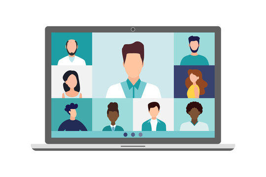 Video conference call, remote project management, quarantine, chat with friends. Vector illustration in a modern style.