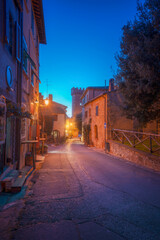 Bolgheri medieval village street at sunset. Castagneto Carducci, Tuscany, Italy