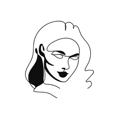 Elegant minimalist portrait continuous silhouette art. Contemporary portrait. Long hair, looks straight. Pretty face. Flirts. Aesthetic contour. Avant garde style illustration