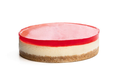 Delicious cheese cake with jellied layer on top isolated on white