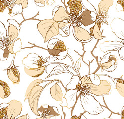 Seamless wallpaper pattern. Gold Cherry flowers, bud, leaves, branches on a white background. Textile composition, hand drawn style print. Vector illustration.