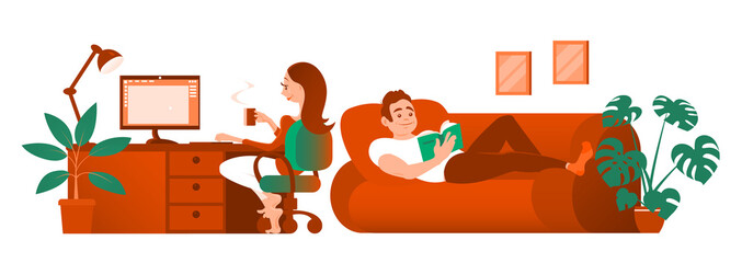 Married couple have a rest at home. A man lies on a sofa and reads a book. Girl creates graphic design on the computer. Favorite hobby. Сartoon illustration.