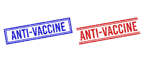 ANTI-VACCINE rubber imitations with grunge texture. Vectors designed with double lines, in blue and red colors. Text placed inside double rectangle frame and parallel lines.