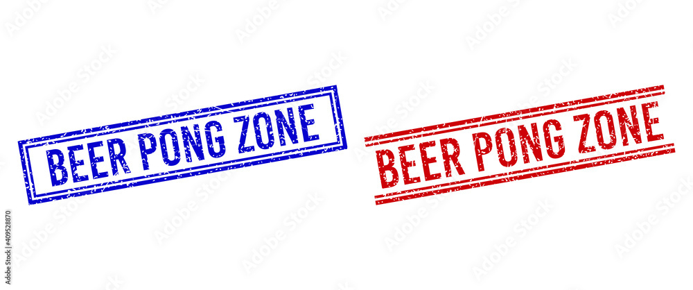 Poster beer pong zone rubber watermarks with grunge texture. vectors designed with double lines, in blue an