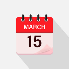 March 15, Calendar icon with shadow. Day, month. Flat vector illustration.
