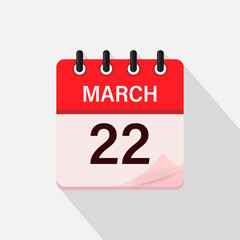 March 22, Calendar icon with shadow. Day, month. Flat vector illustration.