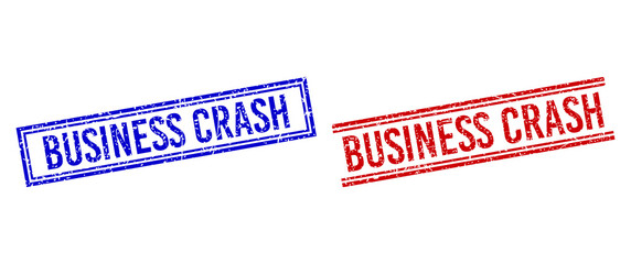 BUSINESS CRASH rubber watermarks with grunge style. Vectors designed with double lines, in blue and red variants. Label placed inside double rectangle frame and parallel lines.