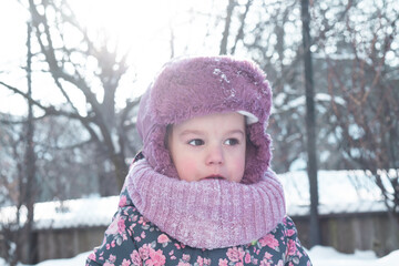 Winter, family, childhood concepts - close-up portrait authentic little preschool minor 3-4 years...