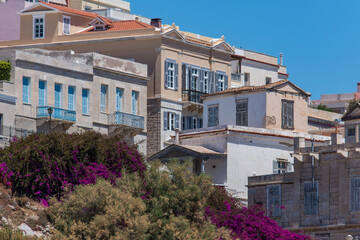 High contrast between neoclassical mansions and bougainvillaeas at Vaporia area.