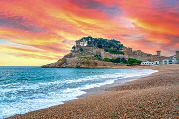 Tossa de Mar fortress, Catalonia, Spain against dramatic sky