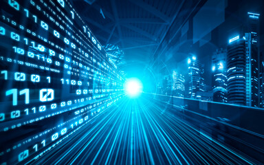 Digital data flow on road with motion blur to create vision of fast speed transfer . Concept of...