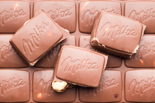Samara, Russia - January 26, 2020: Milka chocolate with hazelnuts