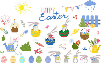 Big set of flat cartoon style elements for Easter designs.