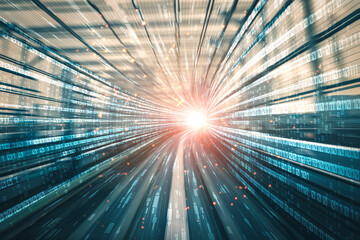 Digital data flow on road with motion blur to create vision of fast speed transfer . Concept of...