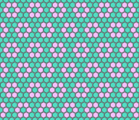 Seamless vector. Pink flowers on a blue honeycomb mosaic. 