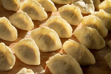 Fototapeta na wymiar Freshly wrapped dumplings close up. Chinese food.