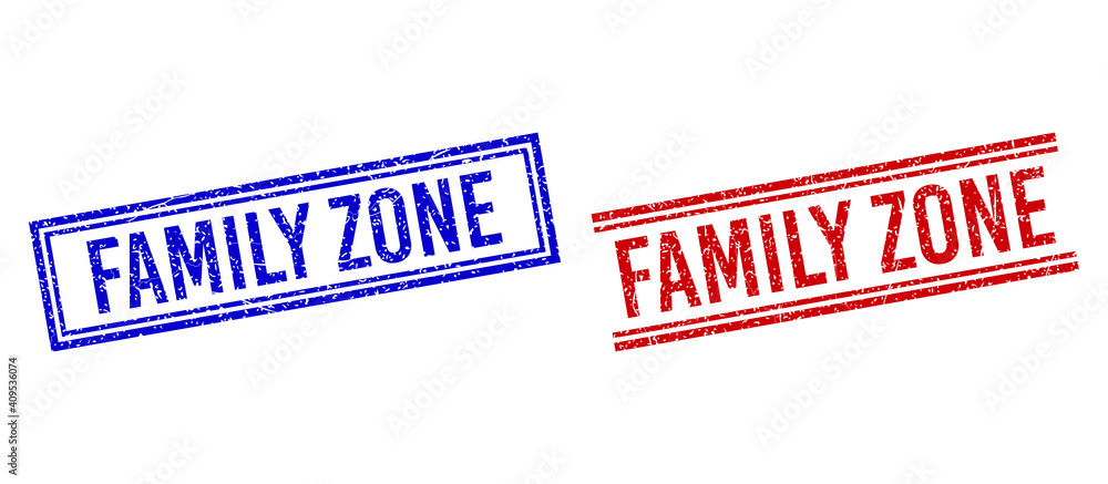 Poster family zone rubber watermarks with grunge style. vectors designed with double lines, in blue and red