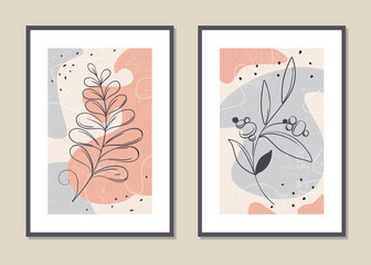 Botanical wall art vector set. Abstract pattern of flowers and branches for collages, posters, covers, ideal for wall decoration. Vector.
