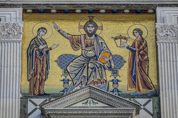 Church St. Minias on the Mountain (San Miniato al Monte) decorated with green and white marble in geometric patterns is oldest church of Florence - XI century. Florence, Tuscany, Italy.