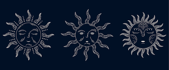 Set of 3 sun in retro style. Stars. Astrology, astronomy. Magic sign.