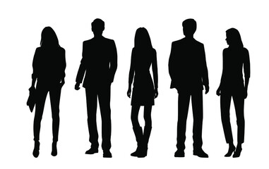 Vector silhouettes of  men and a women, a group of standing  business people, black  color isolated on white background