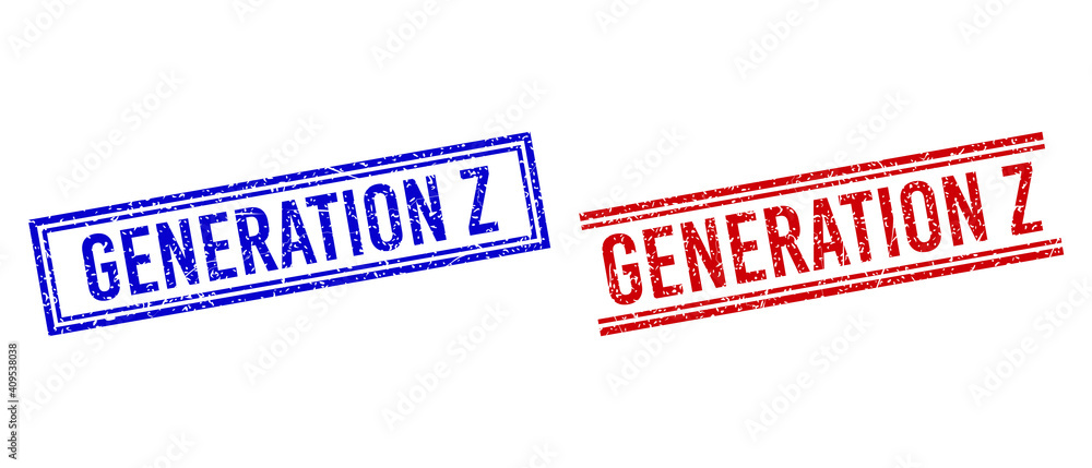 Poster GENERATION Z rubber overlays with distress effect. Vectors designed with double lines, in blue and red versions. Tag placed inside double rectangle frame and parallel lines.